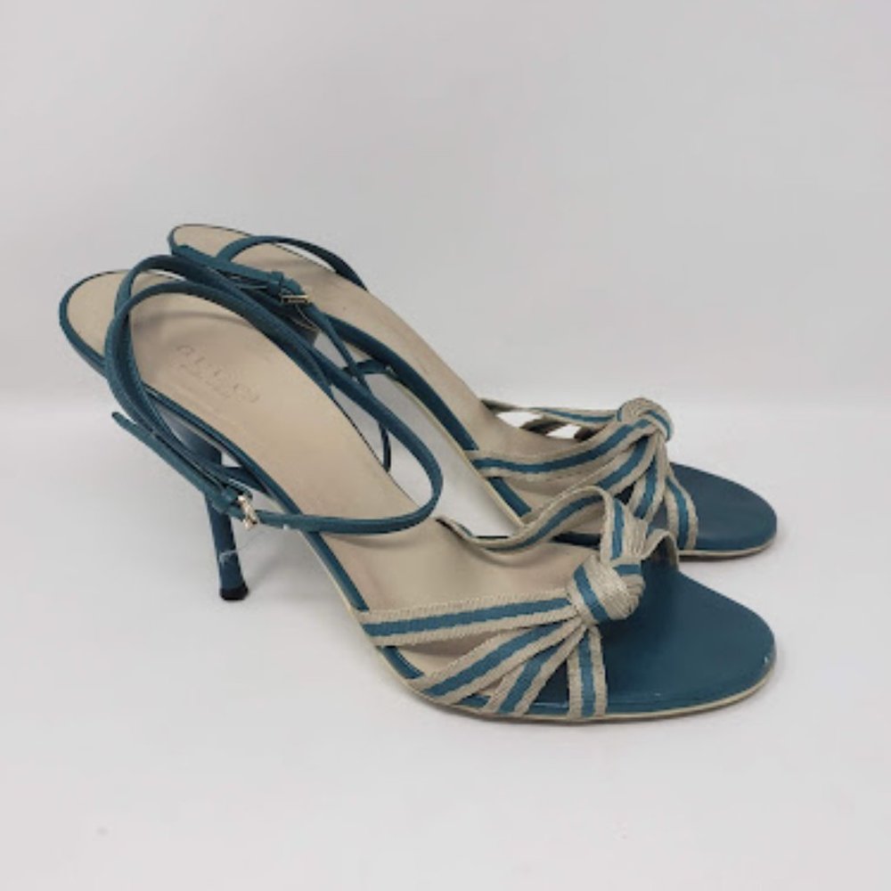 Gucci Women Size 8 Narrow Blue Beige Open Toe Ankle Strap Sandal Stiletto Heels